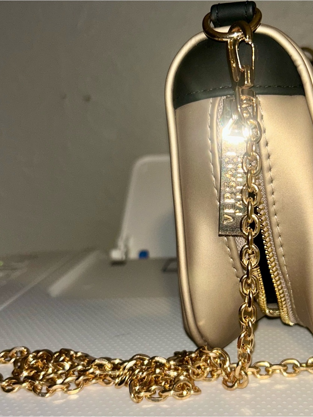 NWT Versace Gold Crossbody Bag with Black Rhinestone Terrier Charm - Picture 6 of 9